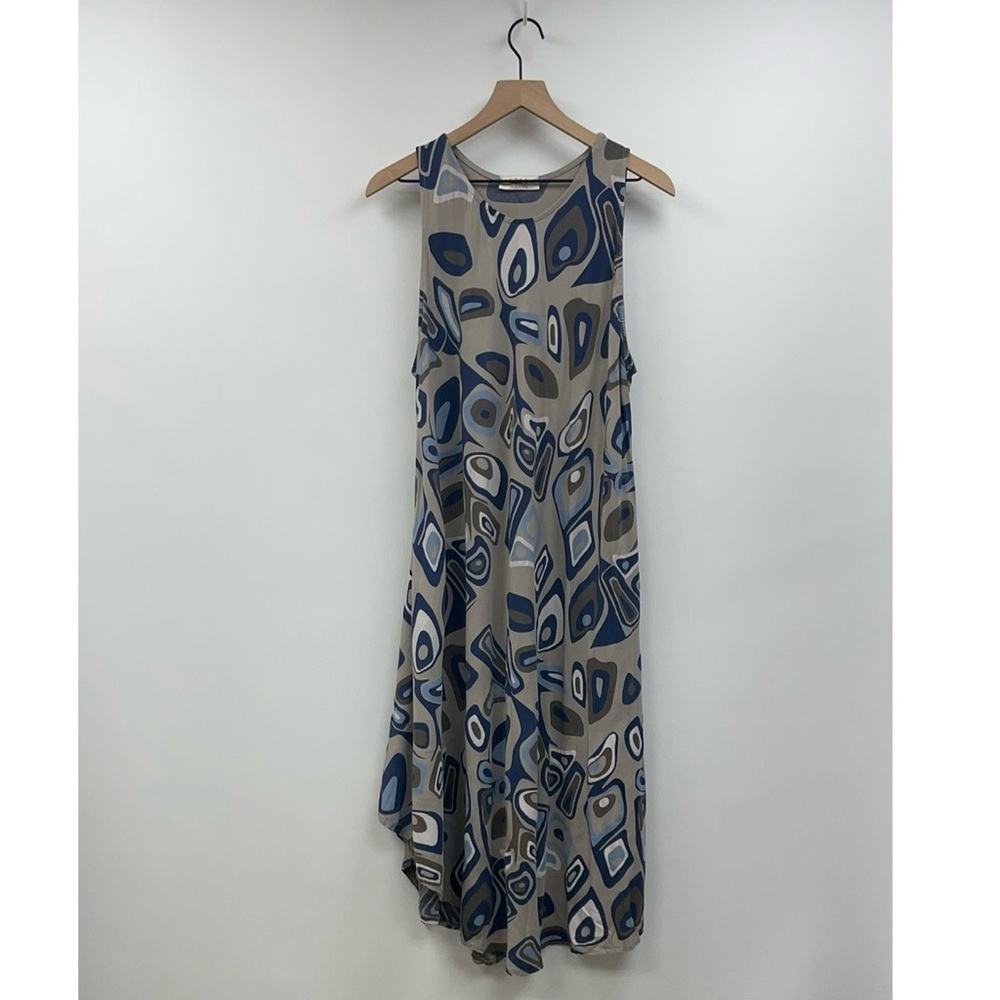 SAGA Geometric Abstract Circle Lagenlook Sleeveless Relaxed Midi Dress Blue OS